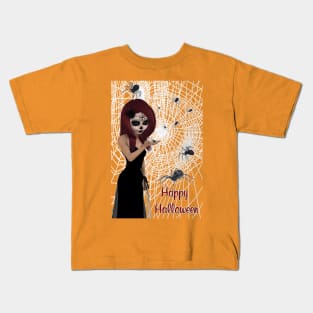 Black Widow Sugar Skull Girl Happy Halloween Kids T-Shirt